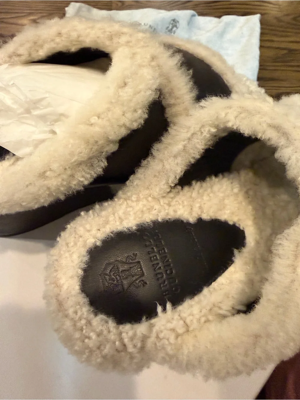 BRUNELLO CUCINELLI Leather Open Toed Wedges with Shearling